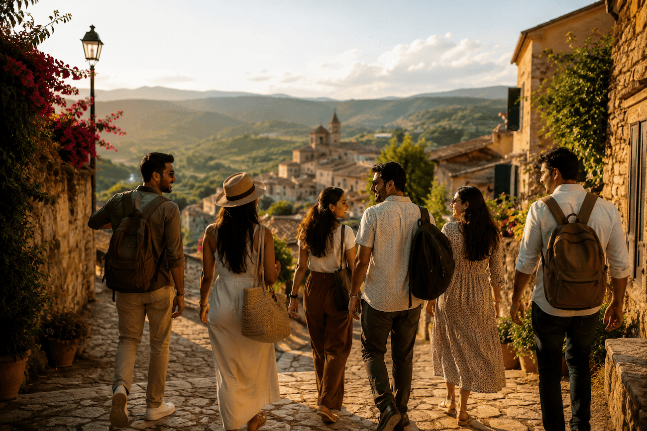 Friends walking through a hillside village